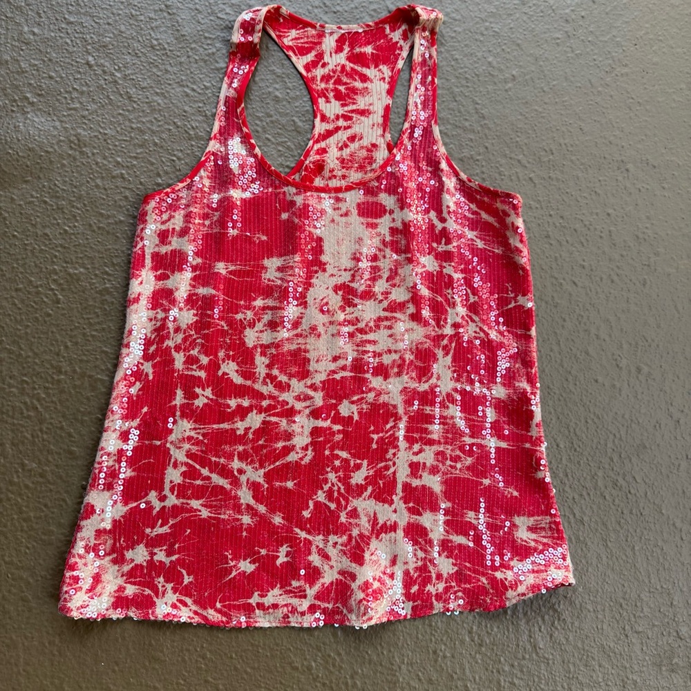 Red and Cream Sparkle Tie-Dye Sequin Tank Top Size S